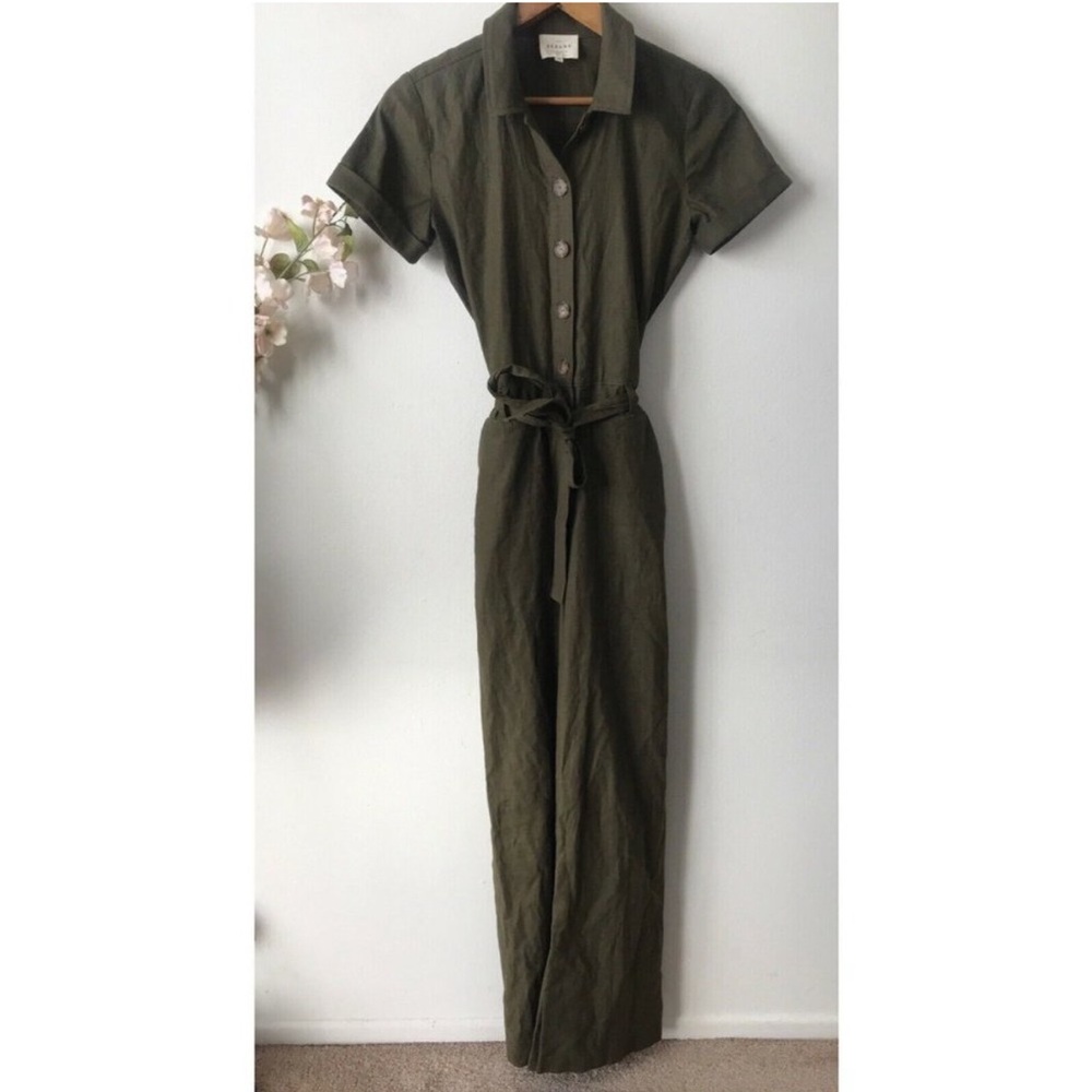 Sezane Army Green Linen Blend Jumpsuit